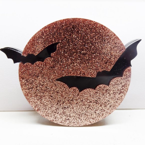 Glitter Acrylic Bats in Moon Brooch - Picture 1 of 3
